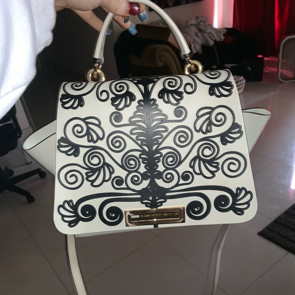 Zac Posen White Leather Tote with Black Embroidery